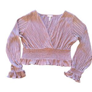 Leith Light Beige XL Long Sleeve Pleated Faux Wrap Crop Ruffle Hem Cuffs